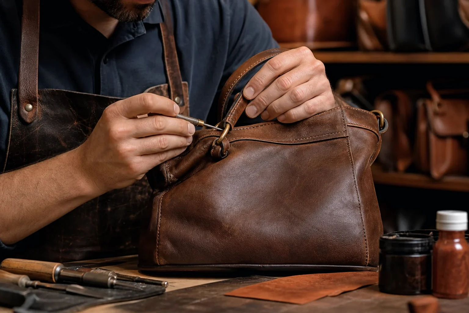 Um profissional restaurando uma bolsa de couro com técnicas de costura.