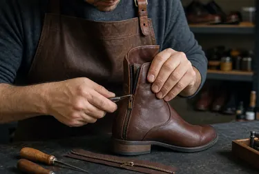 Um sapateiro trabalhando no conserto do zíper de uma bota.